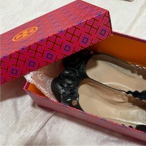 Tory Burch Black Flats with Floral Detail